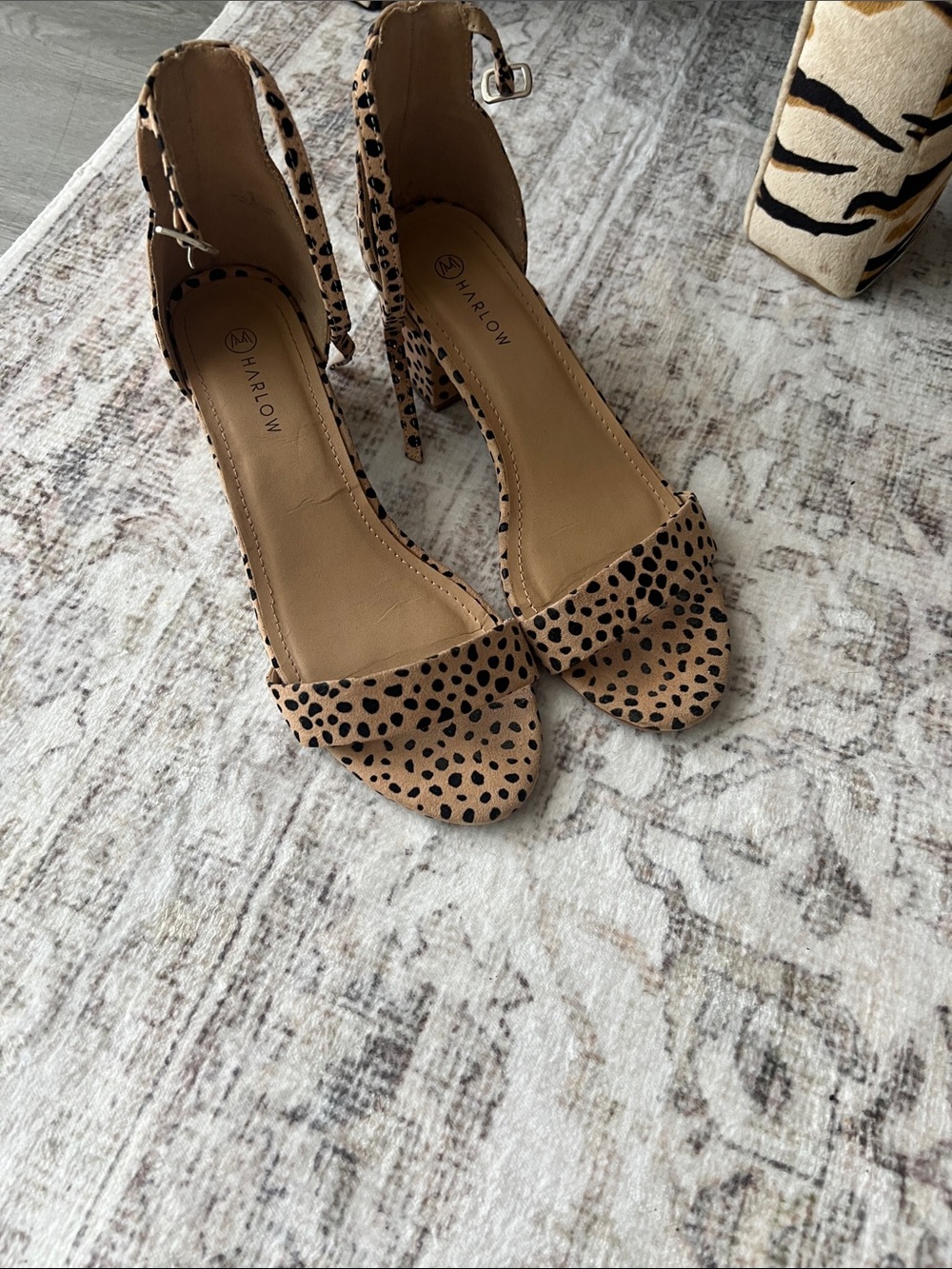 Harlow Beige and Black Spotted Ankle-Strap Heels